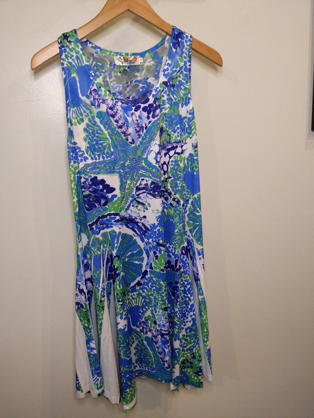 India Boutique Starfish Godet Dress Blue Green White Coastal Boho One Size